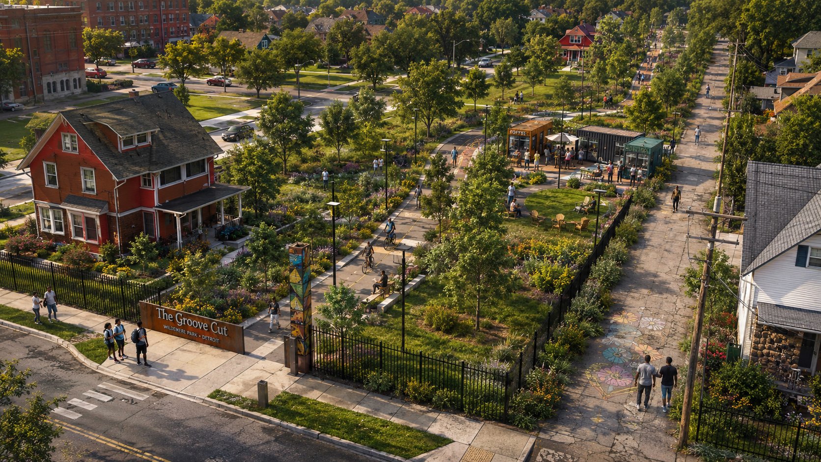 Artist's rendition of the Groove Cut greenway: an aerial view of a planted path through Wildemere Park with a gateway sign, container vendor stalls, a gathering lawn, and neighbors walking and biking